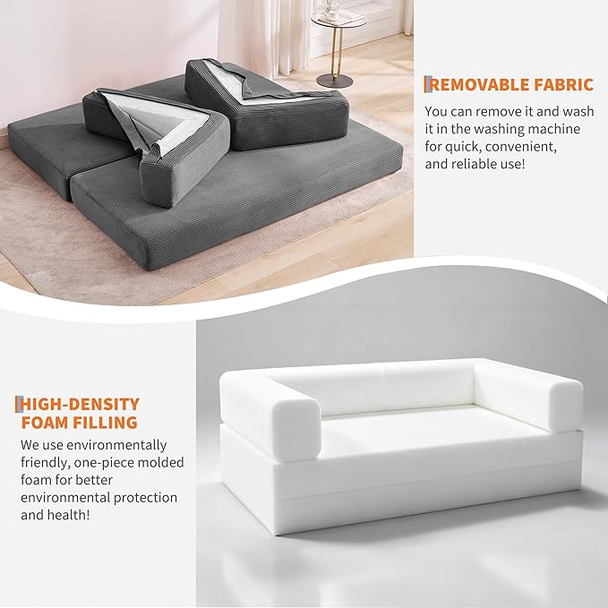 Convertible Sleeper Sofa Bed 78.8 Floor Sofa Bed 5-in-1 Folding Mattress Couch Loveseat with Fixed-Shape Frame Pillow Corduroy Fabric for Living Room Bedroom Lounge (Gray)