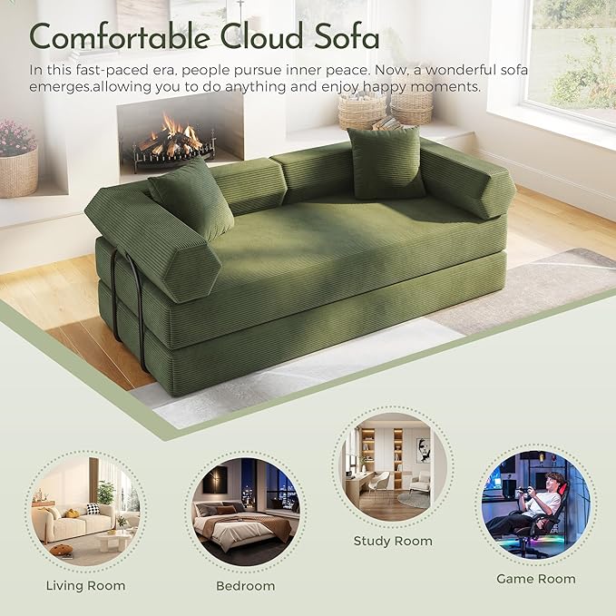 Convertible Floor Sofa Bed with Fixed-Shape Frame King Size Floor Sleeper 5-in-1 DIY Combination Modular Sofa Modular Chenille Folding Mattress Couch for Living Room Bedroom Playroom (Green1)
