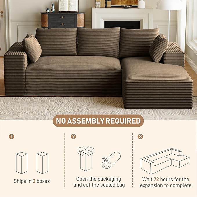107 L-Shaped Boneless Sectional Couches for Living Room Comfy Corduroy Fluffy Cloud Couch Deep Seat Memory Foam Plush Modular Sectional Sofa with Right-Facing Chaise No Assembly Brown