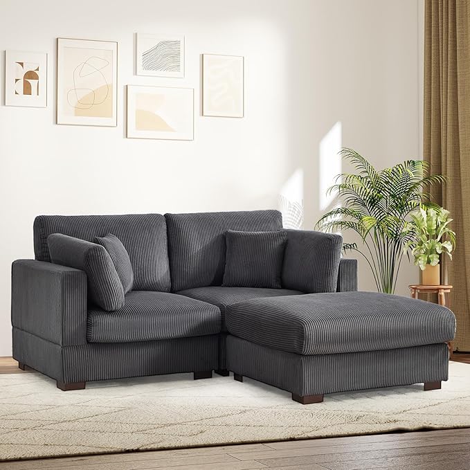 Bonzy Home 120” Oversized Modular Sectional Sofa U Shaped Corduroy Convertible Couch with Movable Ottoman 4 Pillows and 25” Deep Seat Comfy Couches for Living Room Dark Grey