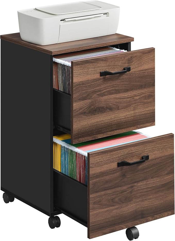 VASAGLE 2-Drawer File Cabinet Small Rolling Filing Cabinet for Home Office Printer Stand for A4 Letter-Size Documents 15.7 x 16.5 x 27.6 Inches Natural Walnut and Ink Black UOFC040K01