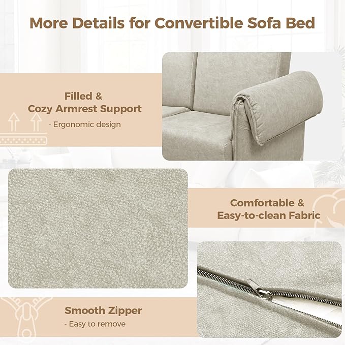 FHFO Loveseat Sleeper Sofa Convertible Couch Bed Loveset Small Couchs for Small Spaces 3 in 1 Pull Out Sofa Bed Modern 65 Comfy Futon Sofa Bed Queen for Living Room Bedroom Apartment (Beige)