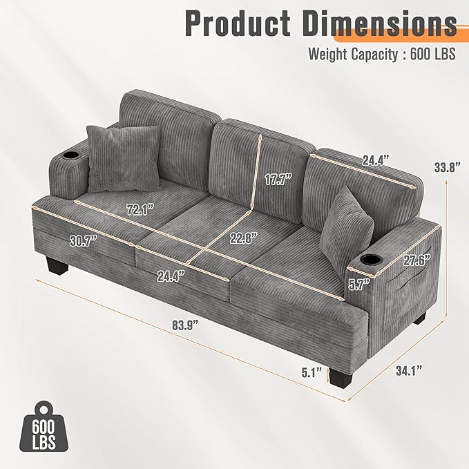 YESHOMY Couches for Living Room Comfy Corduroy Cloud Couch 3 Seater Sofa with Deep Seat Modern Couch with 2 Pillows and 2 Cup Holders for Apartment (Gray) | Deep Seat Cloud Cousion Soft Pillows