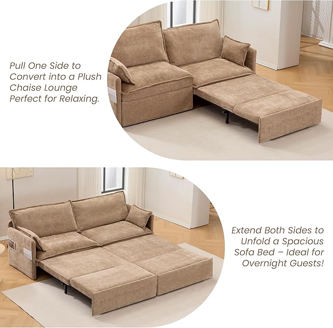 King Size Pull Out Couch3-in-1 Corduroy Sleeper Sofa Couch with Pull Out sofa bedUSB &amp Side StorageConvertible Loveseat Sleeper couch for Living Room Bedroom pet-friendly (Khaki 73.6'')