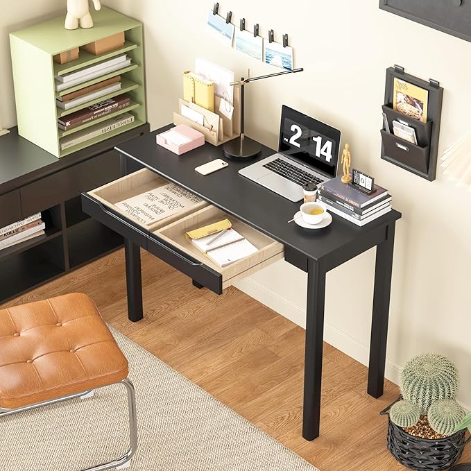 Solid Wood Desk with Drawers - 39 x 16 Inch Simple Narrow Desks Modern Computer Desks Rubber Wood Study Table Small Writing Desk for Bedroom|Small Spaces - Black