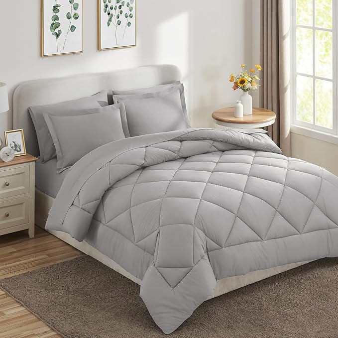 CozyLux Queen Comforter Set French Grey - Bed in a Bag Queen Size 7 Pieces Luxury Soft Bed Set for All Seasons Bedding Set with Down Alternative Comforter Sheets Pillowcases &amp Shams