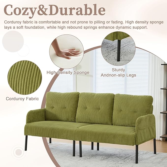 KEIKI 67 Corduroy Loveseat Sofa with Double Side Pockets &amp High Resilience Cushion Modern Style Upholstery Oversized 2-Seater Couch with Metal Legs Easy Assembly for Living Room Green