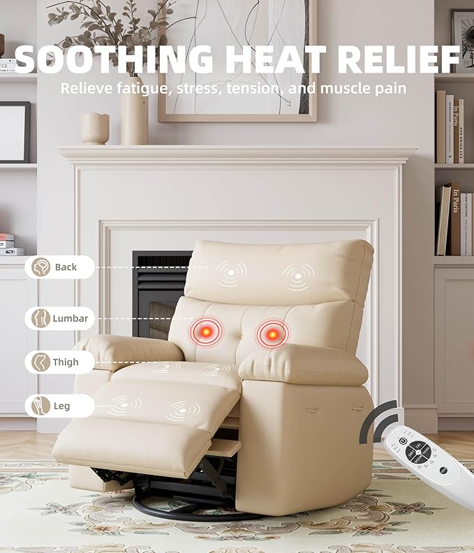 GarveeHome Electric Swivel Massage Chair Power Rocking Recliner with Vibration and Heating Overstuffed PU Leather Single Sofa with USB Port and Storage Glider for Living Room Nursery
