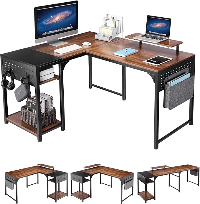 It's_Organized Reversible L Shaped Desk with Monitor Stand58x47 inch Corner DeskStudy Writing Computer Table with Storage Shelves for Home OfficeRustic Brown/Black