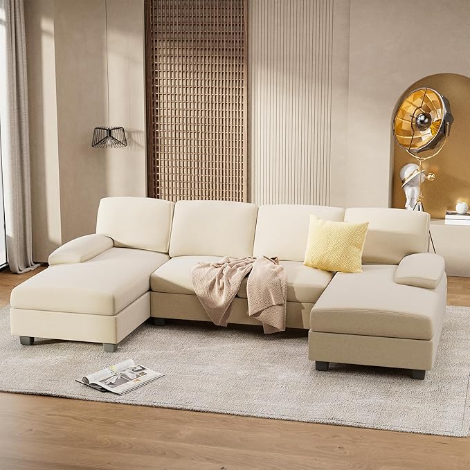 Furniwell Convertible Sectional Sofa Couch 4 Seat Sofa Set for Living Room U-Shaped Modern Fabric Modular Sofa Sleeper with Double Chaise &amp Memory Foam (Fabric White)