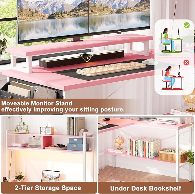 Aheaplus L Shaped Gaming Desk with Power Outlets &amp LED Lights Small L- Shaped Desk Computer Corner Desk with Monitor Stand &amp Storage Shelf Home Office Desk Writing Desk with Storage Bag Pin