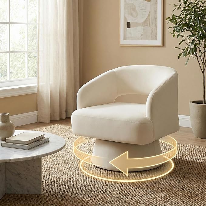 Beige Swivel Barrel Chair 360° Upholstered Accent Chair Hollowed-Out Back Modern Velvet Round Barrel Chair Cone Swivel Base Living Room Small Chair for Bedroom Reading Nook Office