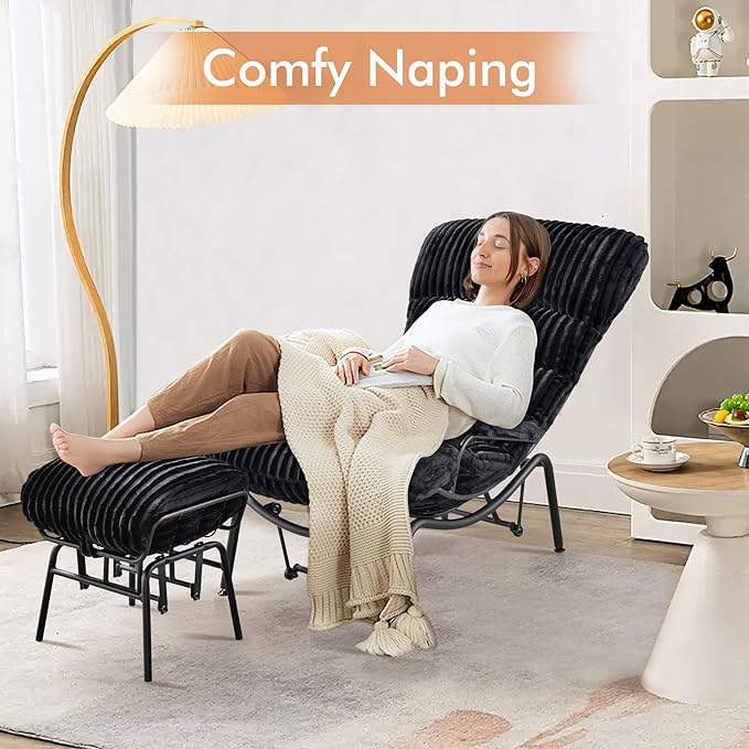 HOOOWOOO MCM Living Room Rocking Accent Chair with Ottoman SetOffice Lazy Lounge Glider Chair and Ottoman SetComfy Chair for Living Room Bedroom Office(Fur Corduroy Black)