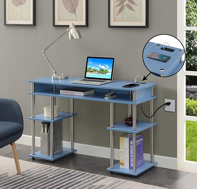 Convenience Concepts Designs2Go No Tools Student Desk with Charging Station and Shelves Blue