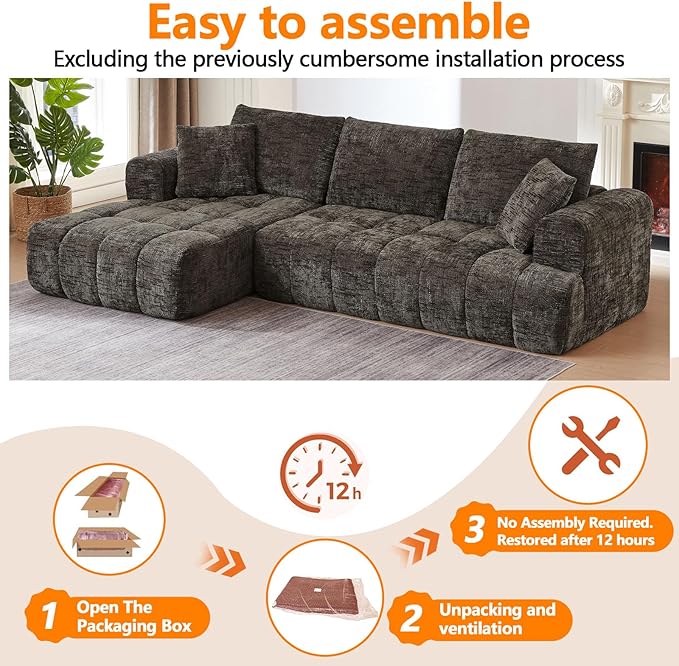Luxury 108 Sofa with Oversized Chaise L-Shaped Chenille Modular Cloud Couch with Deep Seat &amp 2 Pillows Orange Boneless Couches for Living Room Apartments Homes (Brown Left Facing Chaise)