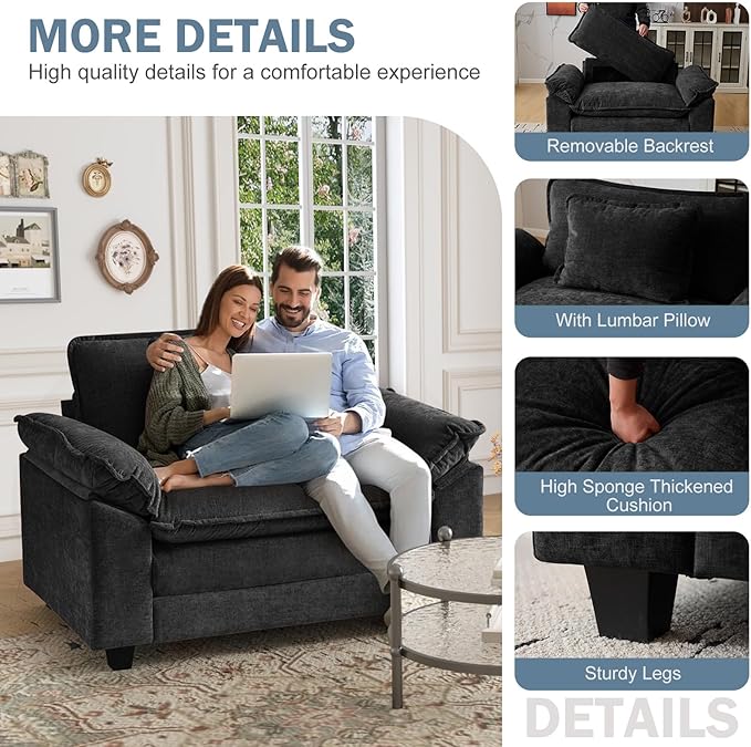 CDCASA Oversized Accent Chair Chenille Comfy Cloud Sofa Chair with Large Seat and Upholstered Armrests Modern Extra Wide Armchair Reading Chairs for Bedroom Living RoomSet of 2Black