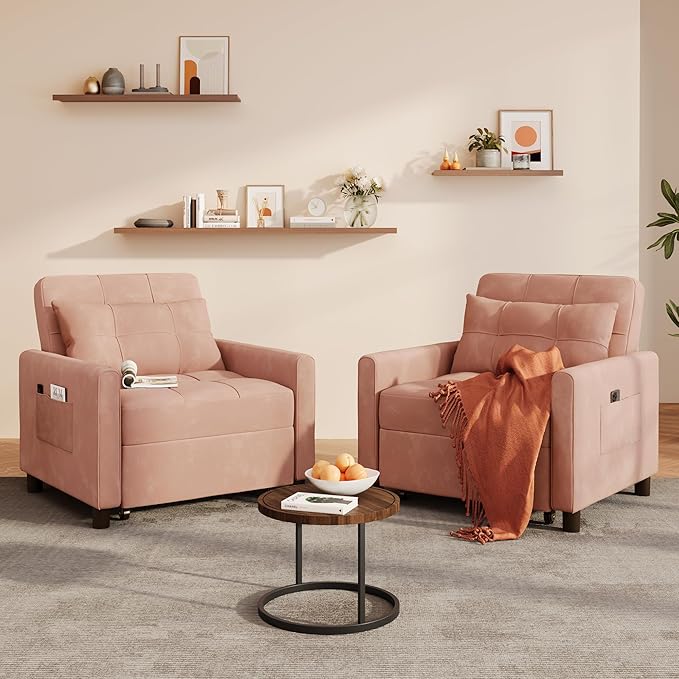 Ahomly Convertible Sleeper Chair Sofa Bed with 3-in-1 Design Adjustable Backrest and Storage Pocket for Living Room Pink