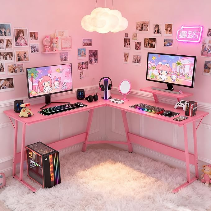 Dkelincs L Shaped Gaming Desk 51 Inch Computer Corner Desk Home Office Desks PC Gaming Table with Monitor Riser Stand for Home Office Writing Workstation Pink