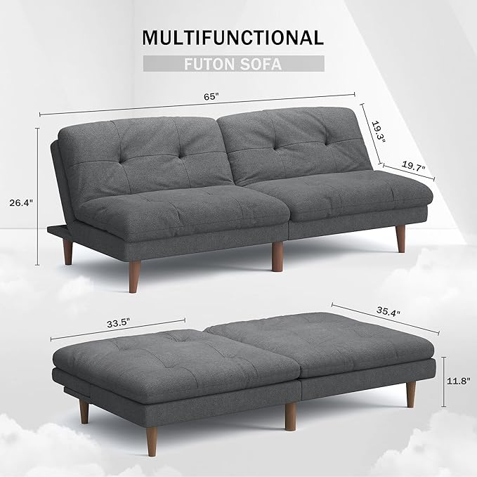 Flamaker Convertible Futon Sofa Bed Futon Couch with Adjustable Back Upholstered Sleeper Sofa Bed for Living Room Furniture (FabricGrey)