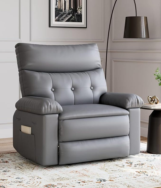 GarveeHome Oversized Leather Recliner Chair Swivel Rocker Manual Recliner for Adults Lazy Rocking Chair with Comfort Arms and Back Single Sofa for Living Room