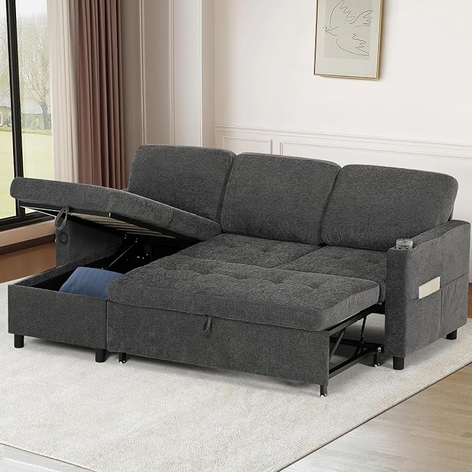 84 Fabric Sleeper Sofa Bed w/Adjustable Backrests L-Shaped Sectional Sofa Bed w/USB Port &amp Thickened Cushions Convertible Pull Out Couch Bed w/Storage Bags for Living Room Grey
