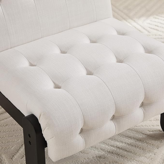 Modern Armless Accent Chair for Living Room Beige Chenille Button Tufted Upholstered Lounge Reading Chair with Black Wood Frame