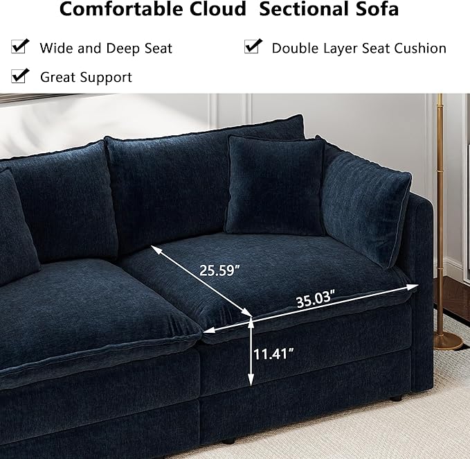 Aoowow Modular Sectional Sofa Modern Convertible Loveseat Couch77.16 Inch Deep 2-Seater Sofas Comfy Chenille Cloud Sofas and Couches Set with 2 Movable Ottoman for Living Room Apartment（Blue）