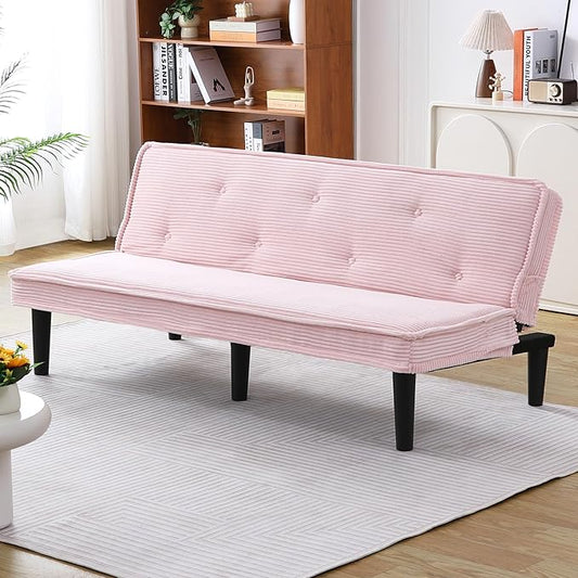 Convertible Futon Sofa Bed Faux Leather Futon Couch with Adjustable Backrest and Usb Port Modern Folding Couch For Small Spaces Living Room Sleeper Bed for Living RoomBedroomOffice (Pink)