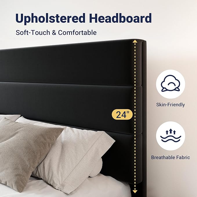 Allewie Modern Full Size Platform Bed Frame with 4 Storage Drawers and Velvet Upholstered Headboard Wooden Slats Support Upholstered Mattress Foundation/No Box Spring Needed/Easy Assembly Black