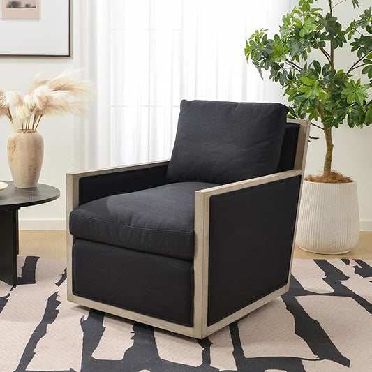 KINWELL 27 Wide Oak Wood Frame Performance Fabric Swivel Armchair No Assembly Down Fill Upholstered Swivel Barrel Chair with Removable Pillow Back for Living Room Bedroom (Black)