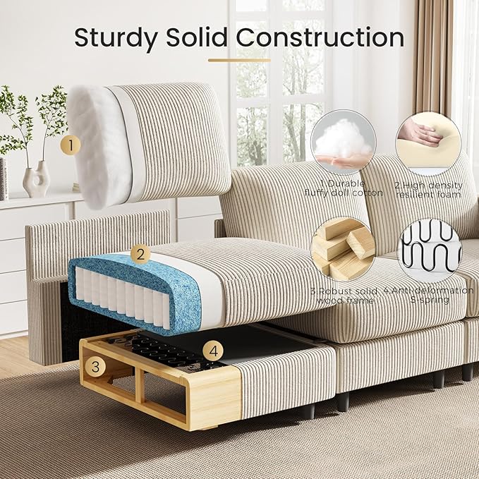 KKL 6 Seaters Sofa Bed for Living Room - Sofa Couch with Storage Ottoman Convertible L/U-Shaped Sleeper Couch for Living Room Modern Reversible Design Beige