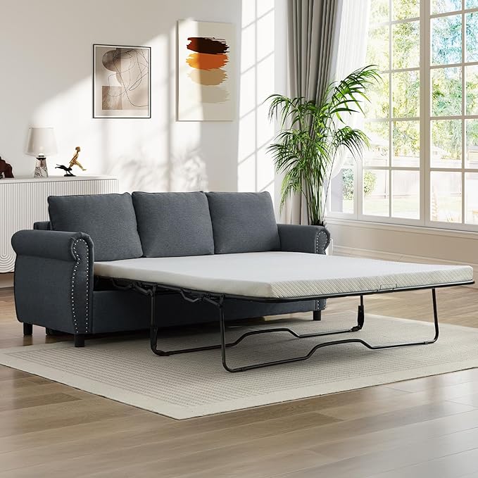 Pull Out Sofa Bed with Mattress Included Convertible Futon Oversized Chenille 3 Seater Loveseat Sleeper Sofa Couch Bed with Rivet Decoration &amp Rolled Arms for Guest Room Office Living Room Grey