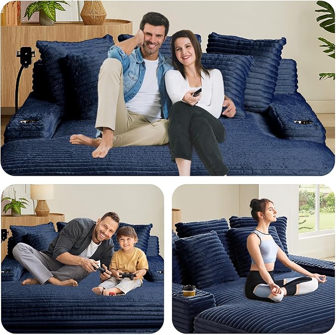 65.35 Oversized Chaise Lounge Chair for 2 Upholstered Sleeper Sofa Bed with Cup Holders | Charging Station | Removable Backrest | Backrest Pilow Fluffy Chair Sofa Couch for Living Room