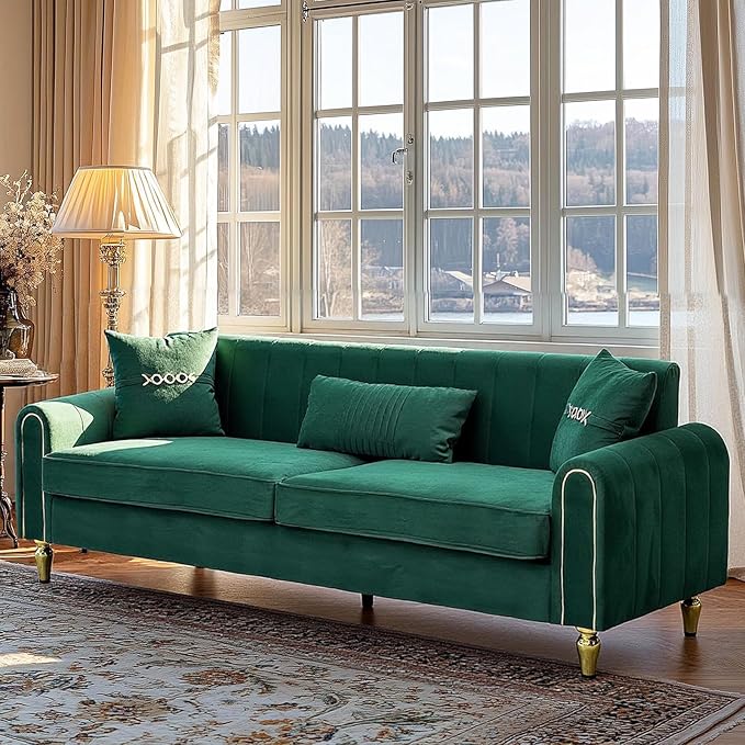 87.5 Modern 3-Seater Velvet Couch with Metal Legs &amp Decorative Pillows High Resilience Sponge Spring Seat Luxury Sectional Loveseat Sofa for Living Room Apartment Small Space Green