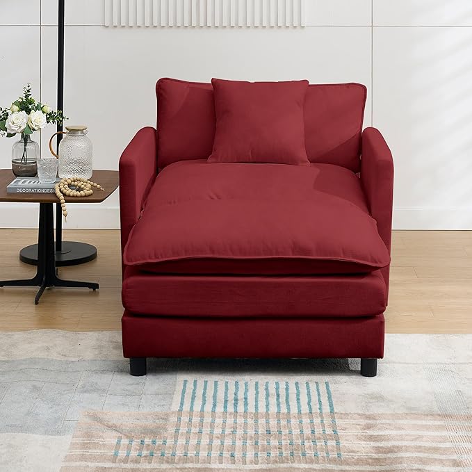 Modern Accent Chair with Ottoman Set for Small Spaces Comfy Polyester Barrel Reading Chair - Ergonomic Design Non-Slip Feet Easy Assembly for Living Room Bedroom Adults (Red)