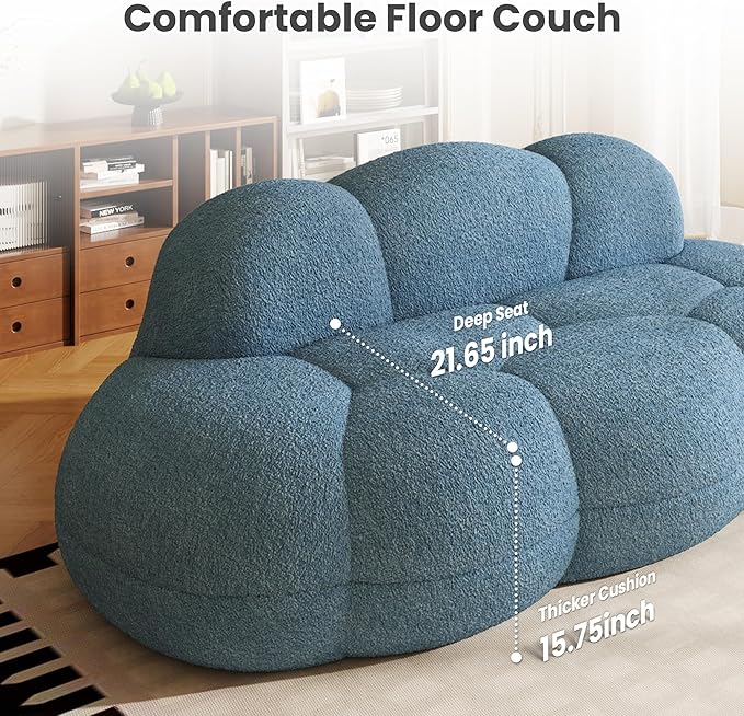 90 Curved Boucle Couch Comfy Cloud Shaped Boneless Couches for Living Room Modern Deep Seat Loveseat Lazy Floor Sofa for Bedroom Apartment Small Space (No Assembly Blue)