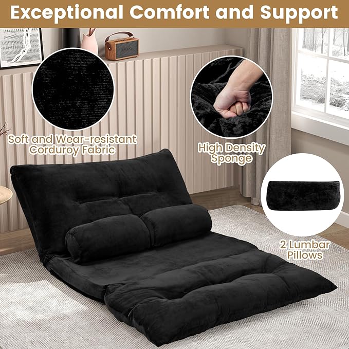 KOMFOTT Foldable Floor Lazy Sofa with 2 Pillows 6-Position Adjustable Reclining Sofa Sleeper Bed Convertible Futon Couch Bed Floor Couch Lounge for Relaxing Reading Playing Gaming (Black)