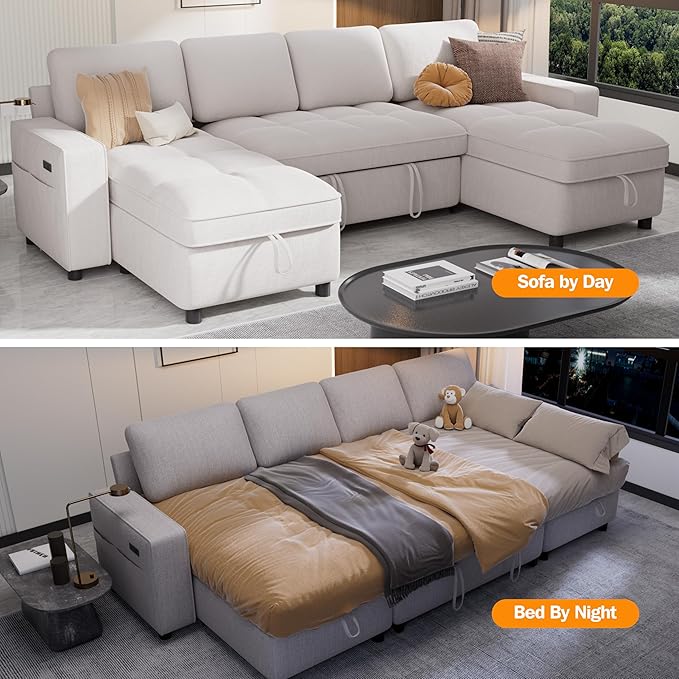 Sunny Heart Modular Sectional Sleeper Sofa with Pull Out Bed Chenille U Shaped Sectional Sofa with USB Ports/Adjustable Backrest/2 Storage Seats Tool-Free Assembly Couches for Living Room Beige