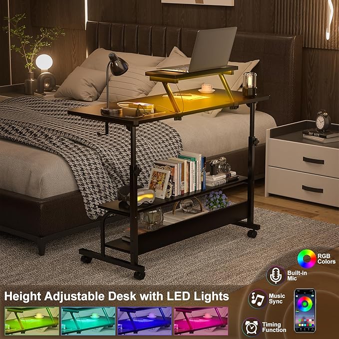 Height Adjustable Standing Desk with Power Outlets and LED Lights - 39 Manual Stand Up Desk with Monitor Stand and Storage Shelves Small Mobile Rolling Computer Desk Portable Laptop Table Black