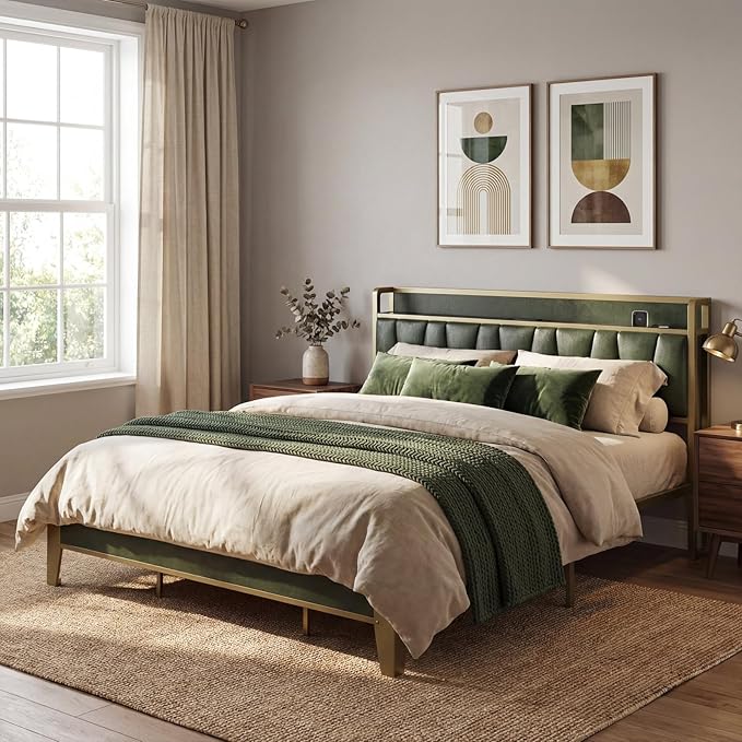 LIKIMIO California King Bed Frame Storage Headboard with Charging Station Solid and Stable Noise Free No Box Spring Needed Easy Assembly (Dark Green)