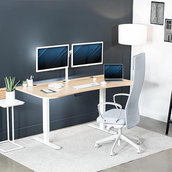 VIVO Electric 63 x 32 in Dual Motor Standing Desk Memory Height Adjustment 2B Series Light Wood Top White Frame DESK-KIT-2W1C