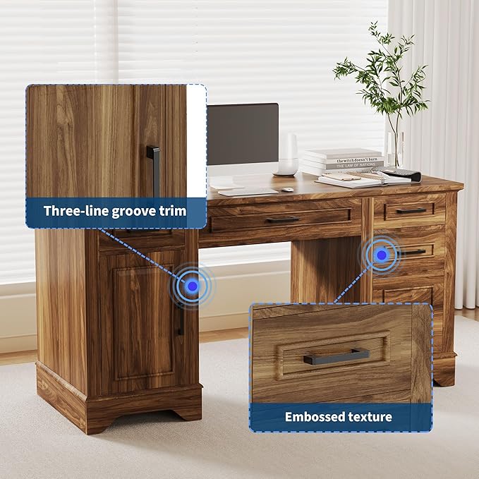 Garvee Farmhouse Executive Office Desk Set – 58 Spacious Wooden Computer Table with Keyboard Tray File Cabinet Storage Drawers – Ideal for Home Office Bedroom or Living Room – Wood Color