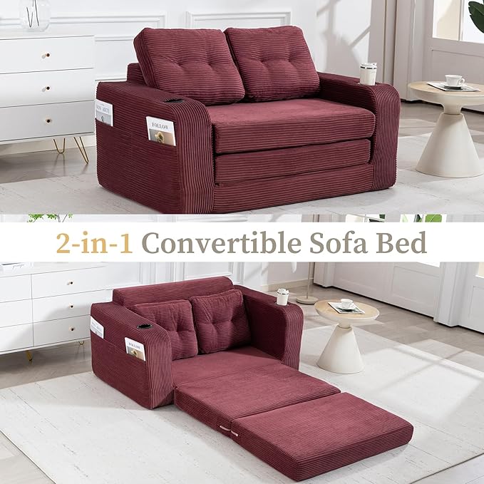 54 Convertible Sofa Bed 2-in-1 Boneless Sleeper Sofa with Cup Holder &amp Pocket Corduroy Pull Out Couch with 5 Pillows Couch Bed for Living Room Small Spaces Bedroom No Assembly