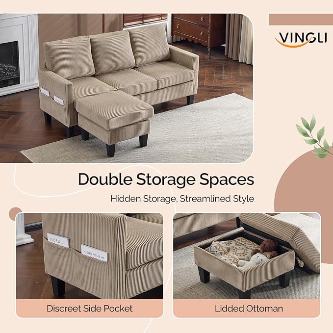 VINGLI 68.5' L Shaped Couch with Movable Storage Ottoman Convertible Sectional Sofa in Soft Corduroy Fabric Modern Reversible Chaise Couch for Small Spaces Apartment Living RoomKhaki