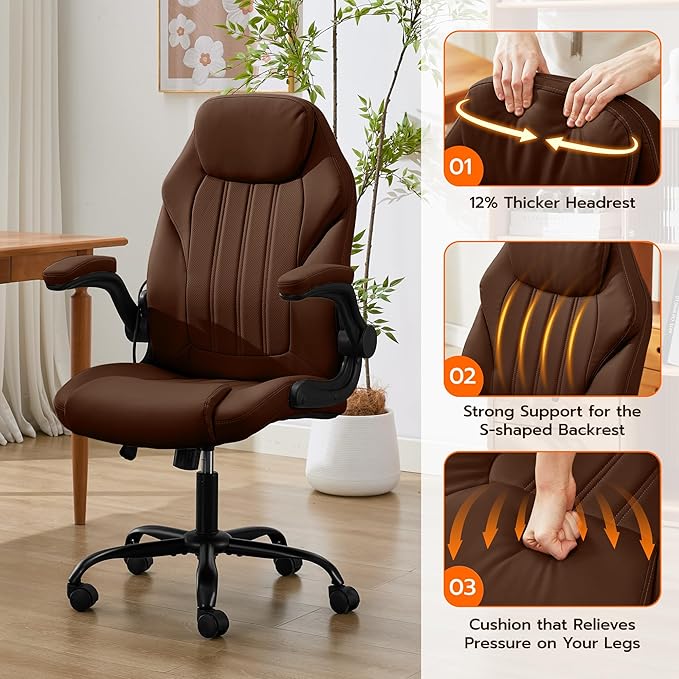 Office Desk Chair Ergonomic Computer Chair with Padded Flip-Up Arms and Adjustable Lumbar Support PU Leather Executive Chair with Tilt Lock and 360° Swivel Rolling Wheels for Work Study