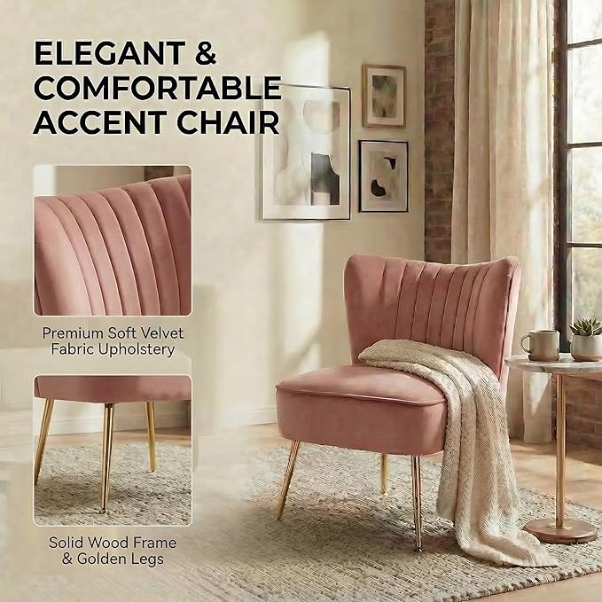 DUOMAY Modern Accent Chair Set of 2 Velvet Slipper Chair with Gold Legs Wingback Side Chair for Living Room Bedroom Entryway Small Corner Chair for Space Saving Blush Pink