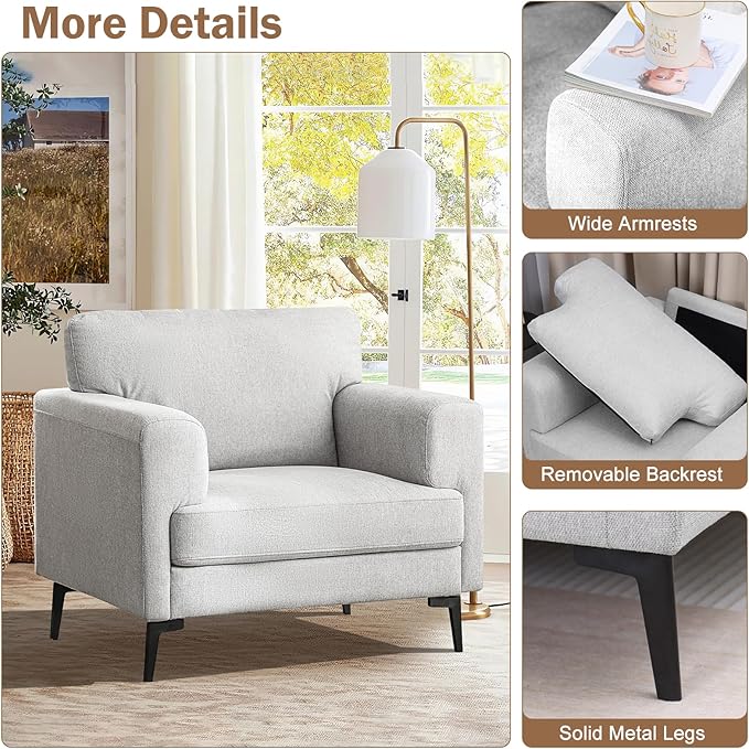 Oversized Accent Chair Upholstered Living Room Chairs Single Sofa Chair w/Metal Legs Comfy Linen Fabric Reading Lounge Armchair for Apartment Bedroom Office Light Grey 1PC