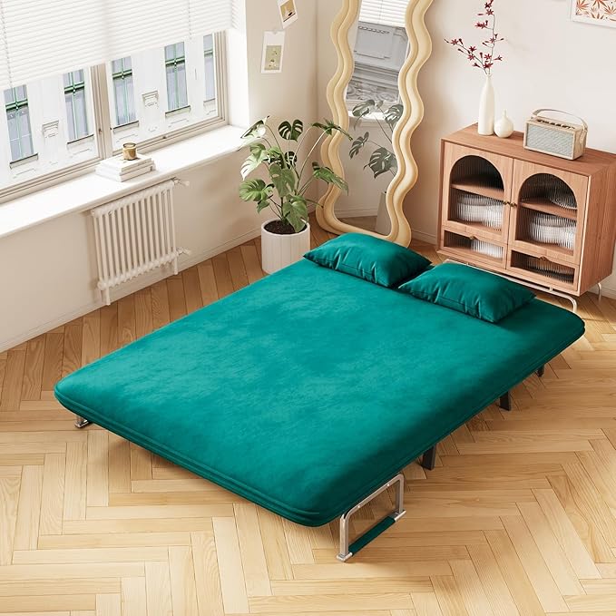 Convertible Sofa Bed Full Size Velvet Tri-Fold Sofa Bed with 6-Position Adjustable Backrest Multi-Functional Folding Chaise Lounge Couch for Home Office 55 W x 74.8 L Antique Green