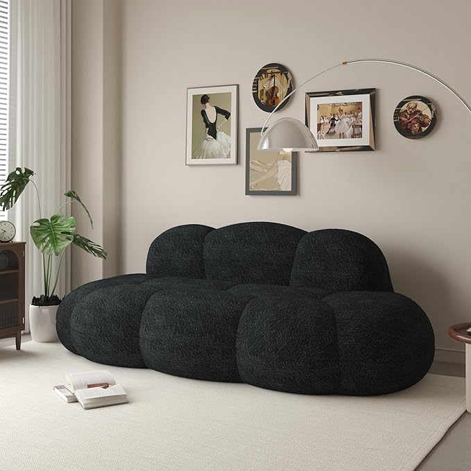Cloud Shaped Floor Couches for Living Room 90 Curved Boucle Sofa Comfy Compressed Couch Deep Seat Loveseat Sofa for Bedroom Apartment Small Space (Black No Installation)