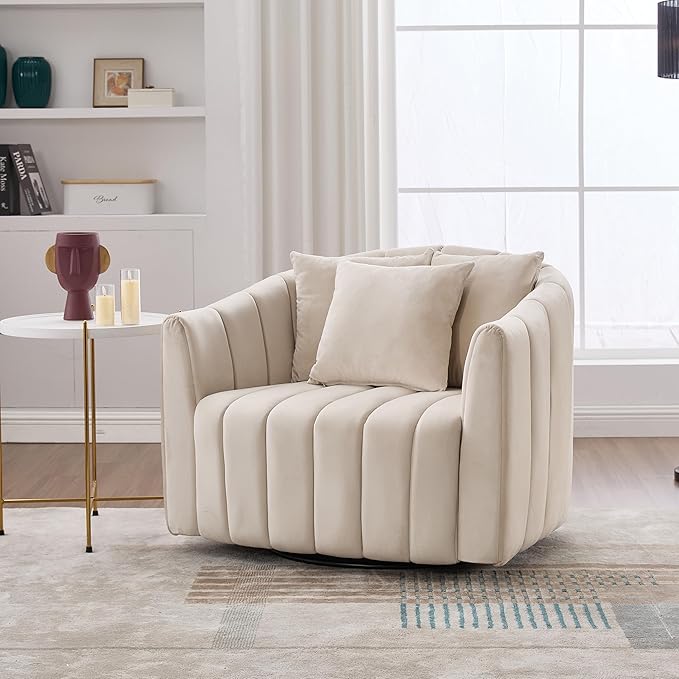 KEIKI 40.3 Oversized 360° Swivel Barrel Chair with Pillows - Velvet Upholstered Channel Tufted Accent Armchair Mid-Century Modern Lounge Chair for Living Room Bedroom Office - Beige